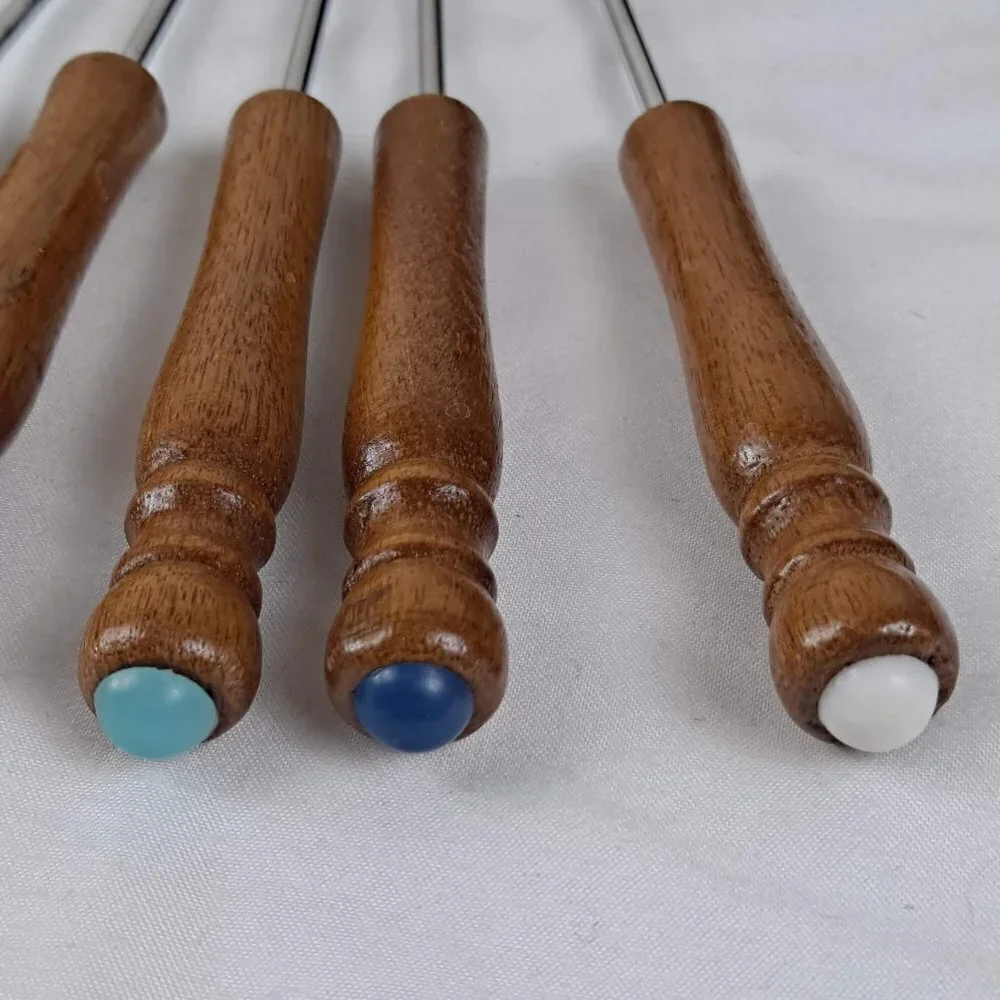 Vintage Set of 6 Fondue Forks Wooden Handles with Colorful Ends Stainless Steel